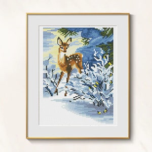 Deer Cross Stitch Woodland pattern pdf - Winter Forest Cross Stitch Bambi in Snow Embroidery Winter Woods Embroidery Landscape Cross Stitch