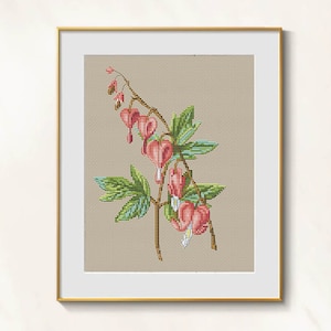Bleeding Heart Flower Cross Stitch Plant pattern pdf - Garden Cross Stitch Pink Bleeding Heart Flowers Embroidery lamprocapnos needlepoint