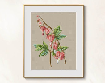 Bleeding Heart Flower Cross Stitch Plant pattern pdf - Garden Cross Stitch Pink Bleeding Heart Flowers Embroidery lamprocapnos needlepoint