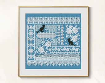Black Cats Cross Stitch Sampler Pattern PDF Hardanger Lace White Roses DMC Chart Download