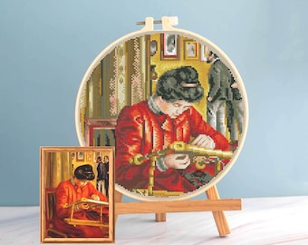 Patrón de arte de mujer en punto de cruz de Renoir en pdf - Retrato de mujer en punto de cruz de Renoir bordado Patrón redondo de regalo de bordado de pintura de Renoir en francés