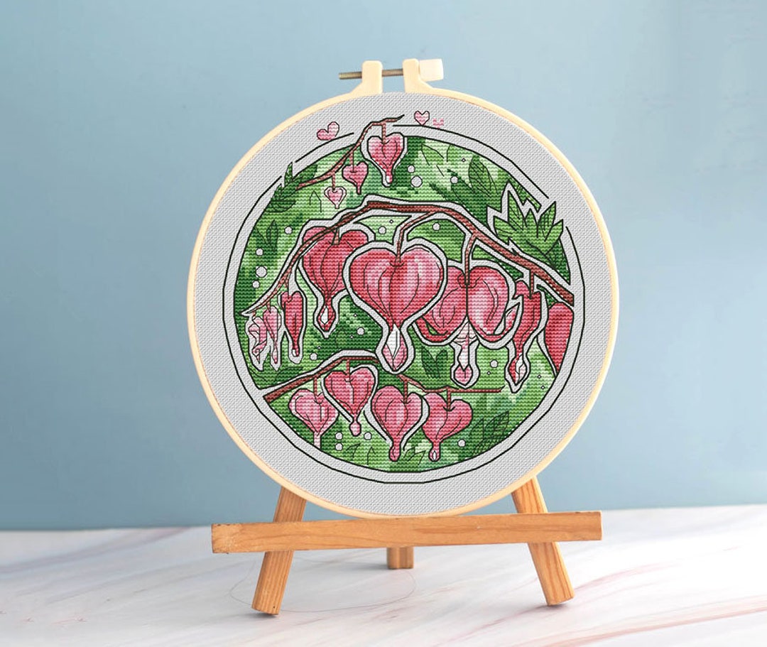 Bleeding Heart Cross Stitch Round Pattern Pdf Garden Cross Stitch Pink