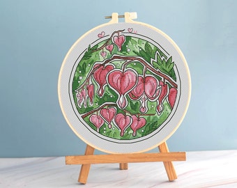 Bleeding Heart Cross Stitch round pattern pdf - Garden Cross Stitch Pink Bleeding Heart Flowers Embroidery lamprocapnos needlepoint chart