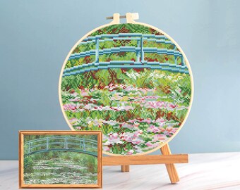 Claude Monet cross stitch pattern pdf - Monet embroidery Japanese bridge cross stitch Monet pond embroidery round cross stitch Monet garden