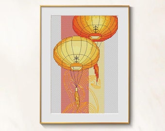 Patrón punto de cruz Sky Lanterns pdf - Año Nuevo Oriental punto de cruz bordado de linternas chinas punto de cruz de viaje gráfico del Año Nuevo Chino