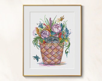 Cat Cross Stitch Basket pattern pdf - Birthday Cross Stitch Cat Embroidery Floral Cross Stitch Birthday Card Needlework Funny Cat blackwork