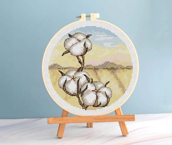 Cotton bloom cross stitch botanical pattern pdf, Round cross stitch cotton  plant embroidery cross stitch cotton flower needlepoint blackwork