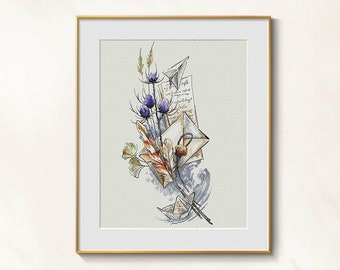 Good news Cross Stitch bouquet pattern pdf - Love letter Cross Stitch Fields Flowers Embroidery romantic needlepoint summer blackwork dmc