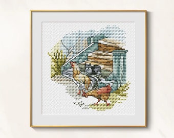 Chicken Cross Stitch Country House pattern pdf, Rustic cross stitch cottagecore embroidery needlepoint village cross stitch farm hen rooster