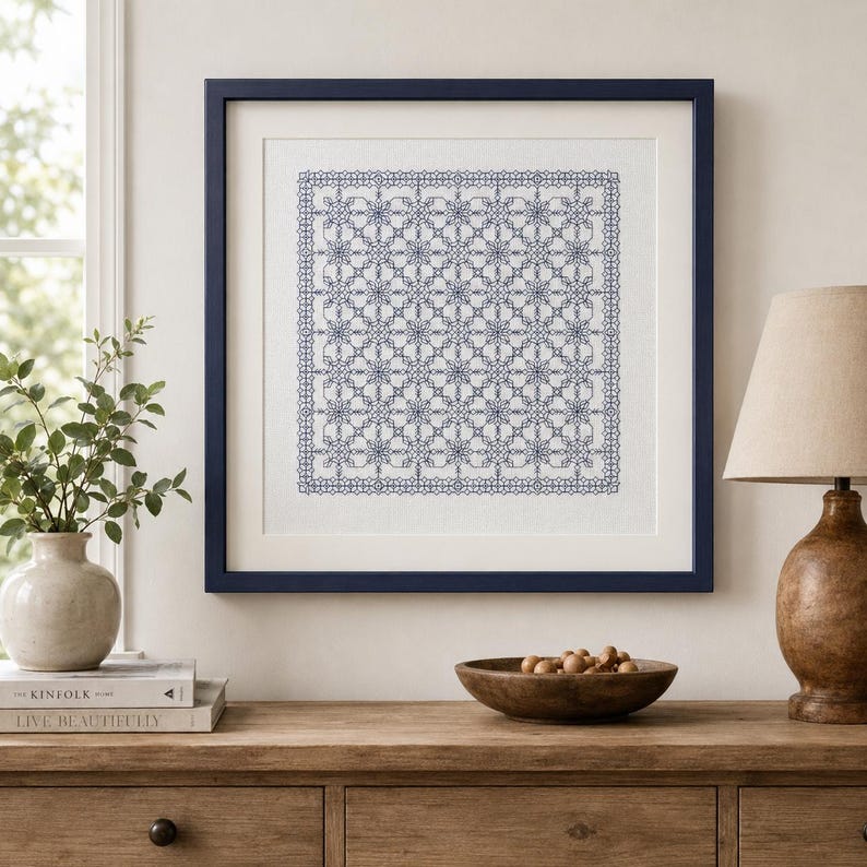 Blackwork Sampler Pattern, Geometric Embroidery PDF, Monochrome Border Chart, Counted Blackwork Design image 1