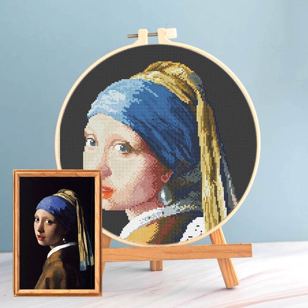 Vermeer Cross Stitch Girl Pearl Earring  pattern pdf - Round cross stitch Vermeer Girl embroidery painting cross stitch Girl Pearl Earring