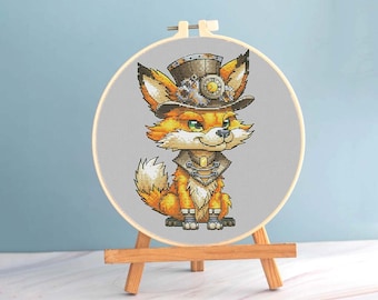 Fox cross stitch steampunk pattern pdf - Mechanic cross stitch little fox embroidery funny fox cross stitch nursery pattern chart blackwork