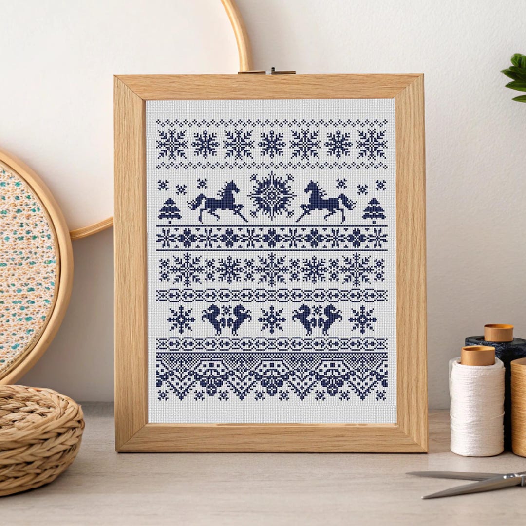 Blue Horse Cross Stitch Winter Pattern Pdf - Scandinavian Embroidery ...