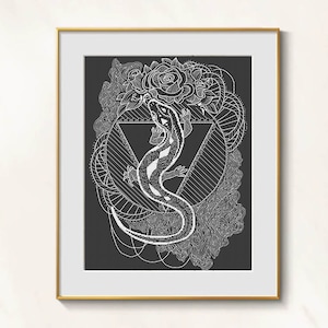 May include: A framed art print featuring a detailed white illustration on a dark gray background. The artwork depicts a salamander within a geometric design, surrounded by floral and abstract elements. The frame is gold.
