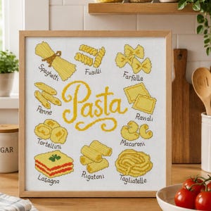Pasta Sampler Cross Stitch Food Pattern PDF, Italian Kitchen Embroidery, Ravioli Farfalle Italian Food Chart