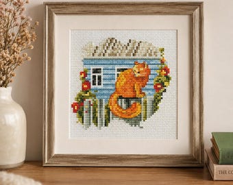 Grandma Cat Cross Stitch Pattern PDF, Orange Tabby on Fence, Cottage Garden House Embroidery, Cat Lover Chart