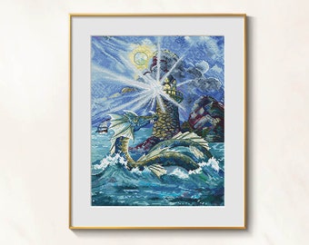 Seeungeheuer Kreuzstich Zaubervorlage pdf - Drachen Kreuzstich Fisch Stickerei Horror Kreuzstich Gothic Geschöpf blackwork dmc chart