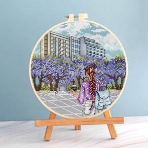 Buenos Aires Cross Stitch Jacaranda pattern pdf - Travel cross stitch Argentina embroidery travelling girl cross stitch needlepoint
