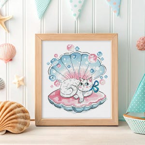 Kitty in Shell Cross Stitch Pattern PDF Funny Cat Embroidery Glamour Kitten Needlepoint Easy Beginner DMC Chart Download