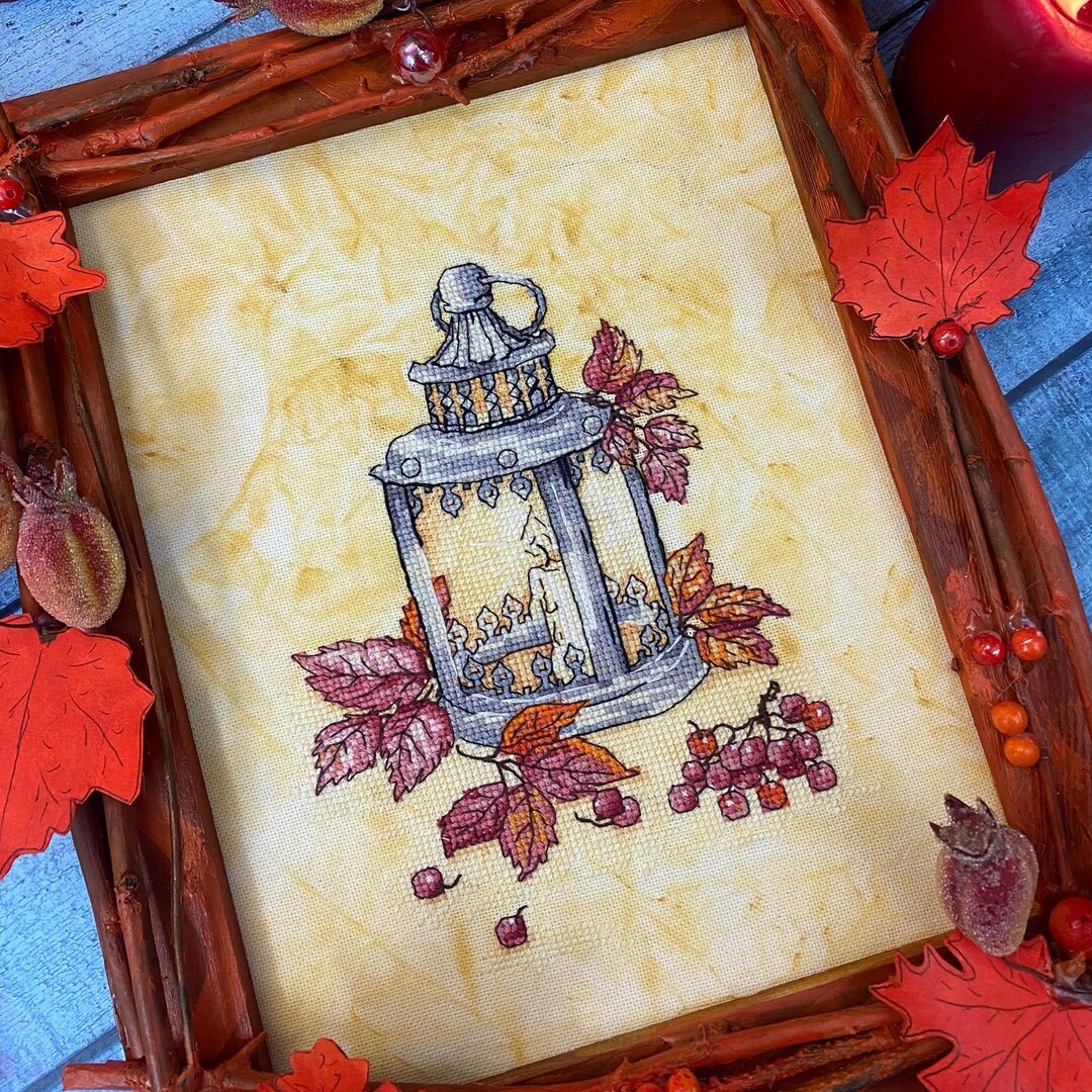 Autumn Cross Stitch Lantern Pdf Pattern - Candle Light Embroidery ...