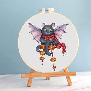 Bat Cat Halloween Cross Stitch Pattern PDF - Funny Cat Cross Stitch Halloween Pumpkins Embroidery - Halloween Needlework