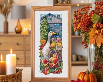 Geese Cross Stitch Pattern, Rustic Farm Goose Chart, Cottagecore Village Scene PDF