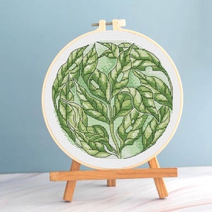 柳のクロスステッチの丸い模様（PDF） - 春の葉のクロスステッチ、庭の植物の刺繍、ボタニカルニードルポイント、柳の庭、ブラックワーク、DMC