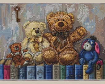 Teddy Bears cross stitch Books pattern pdf - Book shelf embroidery vintage cross stitch teddy bear toy cross stitch literature gift old toy