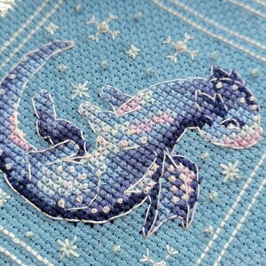 Può includere: Un disegno a punto croce raffigurante un drago blu stilizzato con accenti rosa e bianchi. Il drago è posto su uno sfondo azzurro con decorazioni di fiocchi di neve e perline bianche. Il disegno è incorniciato da strisce verticali bianche.