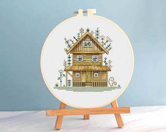 Retro cross stitch cottage pattern pdf - grandmas house embroidery sweet home cross stitch rustic cross stitch village house blackwork dmc