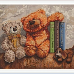 Library cross stitch Books pattern pdf - Book shelf embroidery vintage cross stitch teddy bear toy cross stitch literature inspirational dmc
