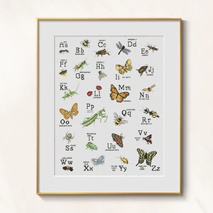 May include: A framed print featuring an insect alphabet. Each letter is paired with a different insect illustration, such as a butterfly, bee, or grasshopper. The artwork is set against a light background, with a gold frame.