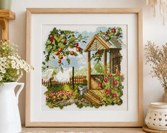 Grandma Garden Cross Stitch Pattern PDF, Floral Cottage Garden Scene, Spring Summer Embroidery Chart