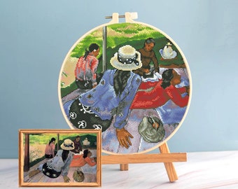 Gauguin cross stitch Siesta pattern pdf - Paul Gauiguin cross stitch women embroidery round cross stitch Gauguin Polynesian painting dmc