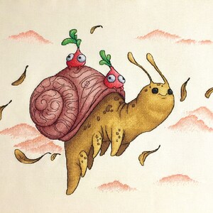 May include: Cross-stitch artwork depicting a whimsical snail with a brown shell, yellow body, and two red radish passengers. The background features pink clouds and falling leaves, creating a charming fantasy scene.