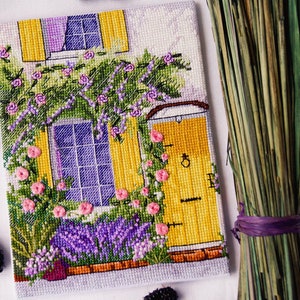 Purple Cross Stitch Flower Window Pattern pdf - Old Door Embroidery vintage house cross stitch lavender needlepoint retro home decor chart