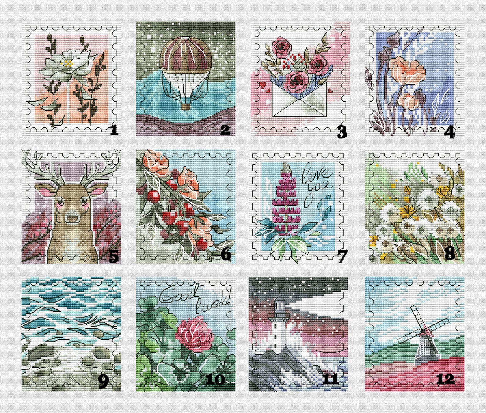 Postal Spring Postal Sampler Cross Stitch Nature Pattern Pdf - Spring Stamps Cross ...