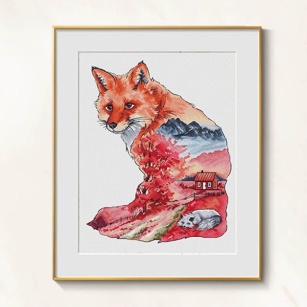 Red Fox cross stitch Fantasy pattern pdf - Celtic cross stitch mountain scene embroidery fox nostalgy needlepoint fox in the wild blackwork