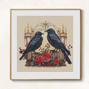 Black Ravens Cross stitch couple pattern pdf - Black Crows cross stitch bird flock embroidery fairy tale needlepoint blackwork ravens chart