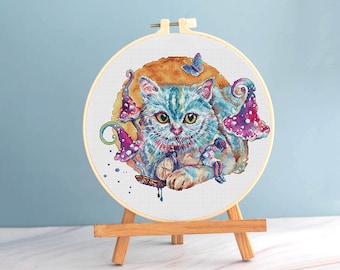 Alice in Wonderland cross stitch Cheshire Cat pattern pdf - Alice cross stitch mushrooms embroidery alice Cheshire Cat needlepoint dmc chart