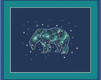 Patrón de estrellas en punto de cruz de la Osa Mayor en PDF - Constelación del Oso en punto de cruz, estrellas de oso, bordado en blanco, estrella en punto de cruz DMC, bordado en negro