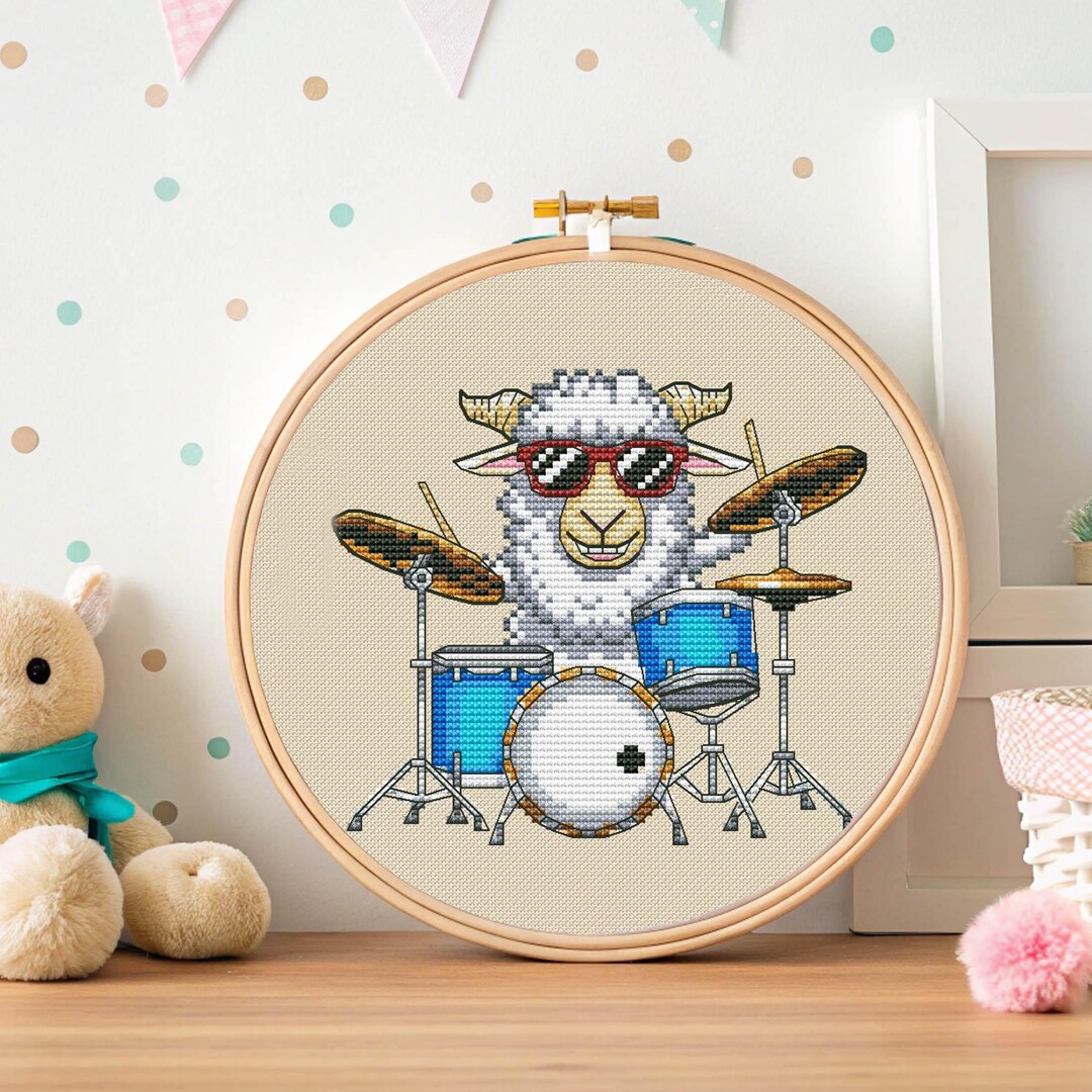 Drummer Cross Stitch Sheep Band Pattern Pdf - Ram Musician Embroidery ...