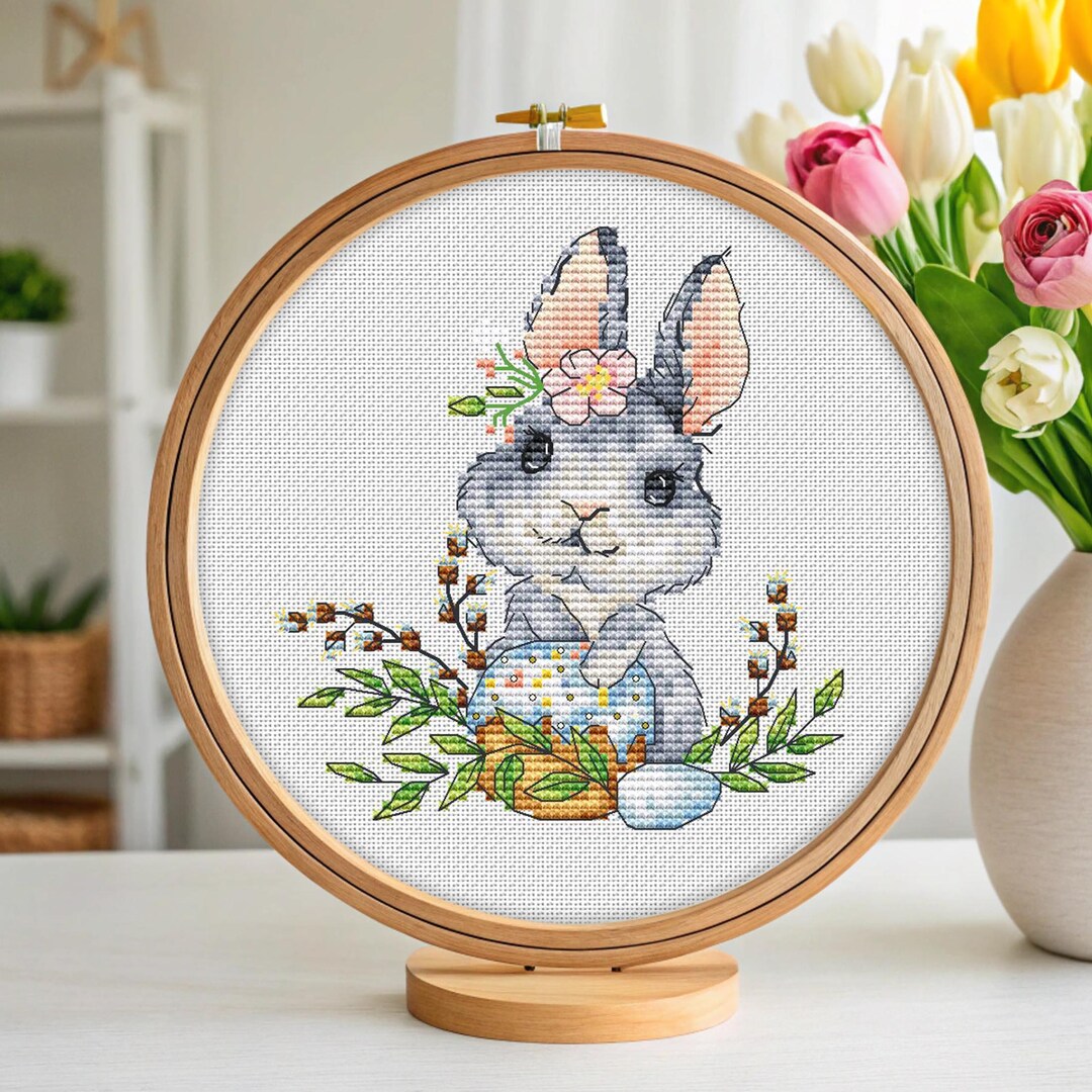 Bunny Cross Stitch Easter Wreath Pattern Pdf - Spring Embroidery Round ...