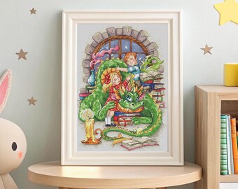 Dragon Cross stitch Fairy Tale pdf pattern - Funny Home Pet cross stitch fairy dinosaur embroidery fable cross stitch baby dragon dmc chart
