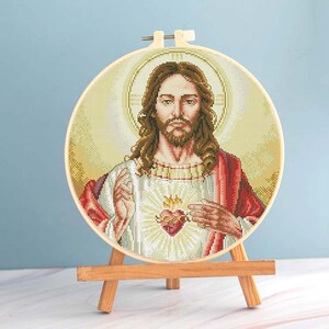 Jesus cross stitch Sacred Heart pattern pdf - Jesus Christ cross stitch icon embroidery biblical needlepoint round cross stitch jesus christ