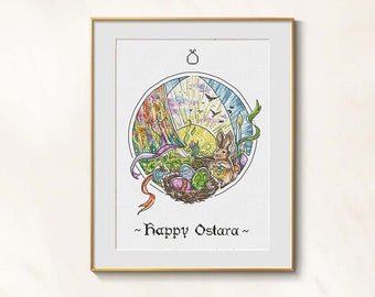 Ostara Cross Stitch Easter Pattern pdf - Spring Fantasy Embroidery Celtic Spring Equinox Cross stitch pagan needlepoint Wiccan spring chart