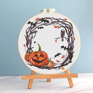 Halloween Wreath Cross Stitch Minimalist pattern pdf - Pumpkin Embroidery Ghost Cross Stitch Halloween Squash Cross Stitch easy blackwork