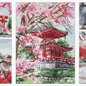 Könnte beinhalten: Kreuzstichmuster mit japanischen Szenen. Das Design umfasst ein rotes Torii-Tor, eine Pagode, den Berg Fuji und Figuren in traditioneller Kleidung. Kirschblüten und eine Laterne sind ebenfalls abgebildet.