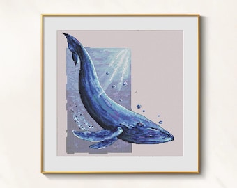 Patrón de punto de cruz de ballena azul en formato PDF - Ola de mar, punto de cruz, faro, bordado, ola de mar, bordado, ballena grande, bordado, blackwork