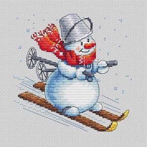 May include: Cross-stitch design of a snowman skiing downhill. The snowman wears a silver bucket hat, a red scarf with white lettering, and blue overalls. He's on wooden skis with yellow tips, holding ski poles, and the background has falling snowflakes.